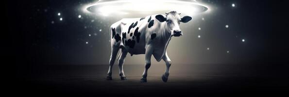 An alien ship shoots a beam of light at a cow. . photo