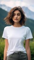 A beautiful girl in a white T-shirt against the background of a beautiful landscape. photo