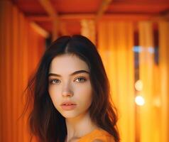 Beautiful girl on an orange background. The girl in orange. . photo