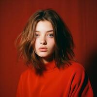 Beautiful girl on a red background. The girl in red. . photo
