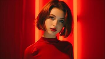 Beautiful girl on a red background. The girl in red. . photo