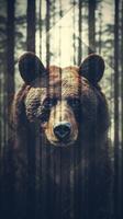 Portrait of a majestic face of a bear on the background of a forest. . photo