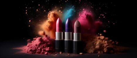 Lipstick that emits a burst of colorful dust, makeup or cosmetics concept. photo