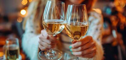 Celebration toast with champagne glasses against festive lights background photo