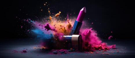 Lipstick that emits a burst of colorful dust, makeup or cosmetics concept. photo