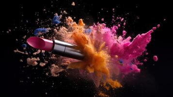 Lipstick that emits a burst of colorful dust, makeup or cosmetics concept. photo