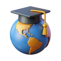 Globe World Map with Graduation Hat 3d Render png