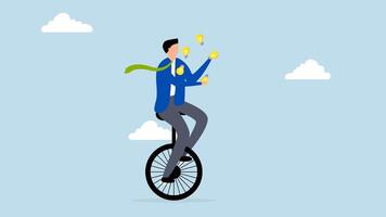 Creativity and ideas, 4k animation of shrewd businessman riding unicycle juggling light bulb lamp metaphor many ideas. video