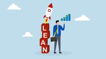 4k animation of businessman shows growth chart leaning on stack of boxes with words LEAN on it and completed rocket ship. video