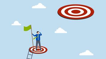 Challenge higher target, 4k animation of businessman climbing ladder, reaching goal and looking for next higher rung. video