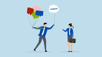 Meeting summary, 4k animation of businessman holds group of speech bubbles as members' opinions and offers a summary after meeting. video