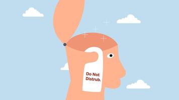 do not disturb in thinking, 4k animation of When you think of a business solution, human head is open with label Do not disturb. video