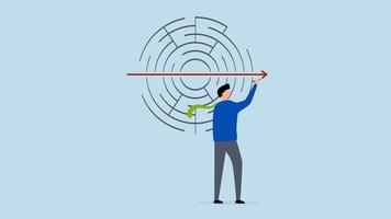 Solving business problem, 4k animation of businessman solves maze puzzle with straight arrow. video