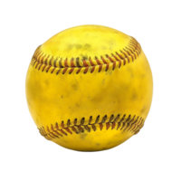 A worn yellow softball with red stitching, showing signs of dirt and use png