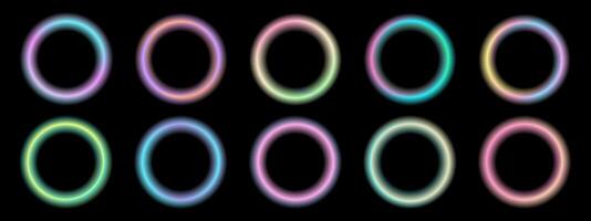 Set of gradient with blur frames on black background. Abstract three-dimensional space colored background. Collection of glowing neon color with aura round frames for websites, user interfaces. illustration. vector