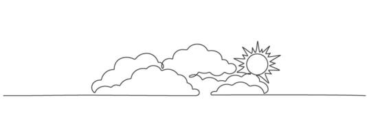 illustration of bright summer sun with clouds drawn with one continuous line. Sunny summer weather single line design. vector
