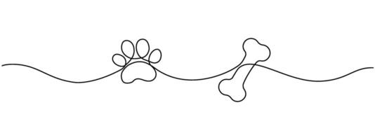 Drawing of a dog's paw and bone with a continuous line. Paw print with bone with one editable line. Cute Print for design . illustration. vector