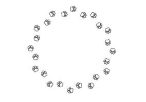 Circular frame with contoured pet paw print. Black silhouette pathway of dog or cat footprints arranged in a circle. Frame with pet footprints for design of shop windows, websites, etc. illustration. vector
