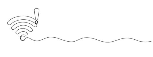 WI-FI signal with alert icon drawn in one continuous line. Contour icon for internet with connection problem in simple linear style editable illustration vector