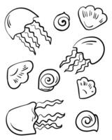 mar conchas y Medusa contorno en garabatear estilo, conjunto de Oceano elementos para creatividad vector