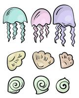 Sea inhabitants in doodle style, a set of jellyfish and shells in delicate colors vector