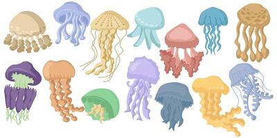 Set of jellyfish of different shapes and sizes, sea inhabitants free swimming at different depths vector