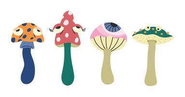 Set of retro hippie psychedelic mushrooms in 60s 70s style. Groovy and funky fungus vector