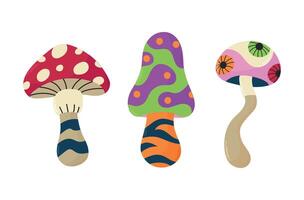 Set of groovy hippie psychedelic mushrooms fungus in 60s 70s style. Vibrant groovy and funky fungus. Vintage retro collection. vector