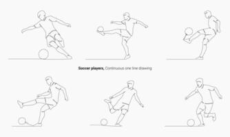 Set Soccer players, Continuous one line drawing, playing football simple line art design. vector