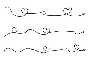 Hand drawn Thin continuous line lovely hearts style curved arrow , one line left right direction love sign with pen arrows, Minimalistic Outline single line way decorations decorative element vector
