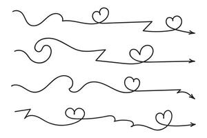 Hand drawn Thin continuous line lovely hearts style curved arrow , one line left right direction love sign with pen arrows, Minimalistic Outline single line way decorations decorative element vector