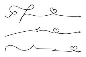 Hand drawn Thin continuous line lovely hearts style curved arrow , one line left right direction love sign with pen arrows, Minimalistic Outline single line way decorations decorative element vector