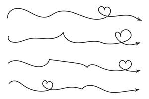 Hand drawn Thin continuous line lovely hearts style curved arrow , one line left right direction love sign with pen arrows, Minimalistic Outline single line way decorations decorative element vector
