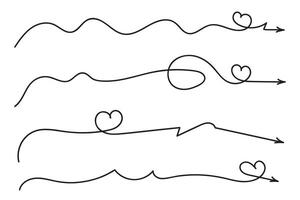 Hand drawn Thin continuous line lovely hearts style curved arrow , one line left right direction love sign with pen arrows, Minimalistic Outline single line way decorations decorative element vector