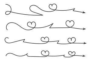 Hand drawn Thin continuous line lovely hearts style curved arrow , one line left right direction love sign with pen arrows, Minimalistic Outline single line way decorations decorative element vector
