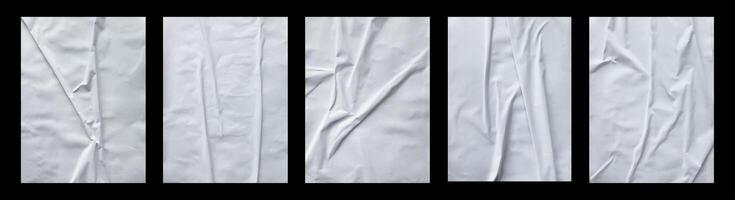 Set of blank white glued paper for poster texture overlay. Crumpled and wrinkled pattern for background. Collection of matted wet paper for mockup posters, flyer, brochure, and banner design photo