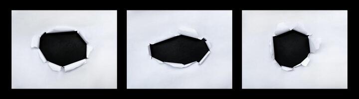 torn paper frame with the ripped sides. a black hole of torn on the white paper. realistic torn paper with the ripped edges for copy space background photo