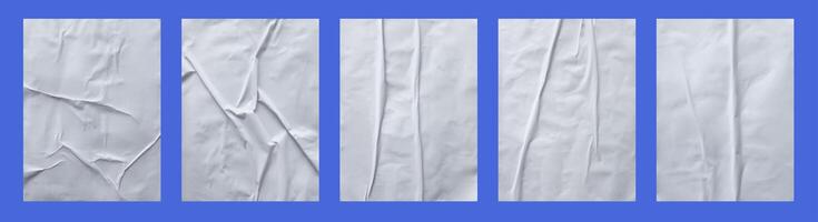 Set of blank white glued paper for poster texture overlay. Crumpled and wrinkled pattern for background. Collection of matted wet paper for mockup posters, flyer, brochure, and banner design photo