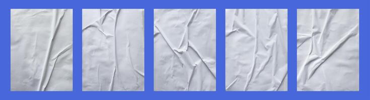 white crumpled and creased glued paper poster set isolated on black background 03 photo