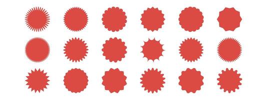 Set of red sunburst stickers. Price tags with zig zag, scallop, wavy edges. Kit of badges, stamps, labels, speech bubbles isolated on white background. vector