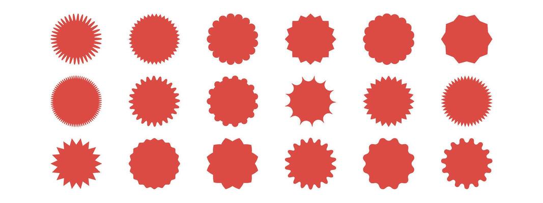 Set of red sunburst stickers. Price tags with zig zag, scallop, wavy edges. Kit of badges, stamps, labels, speech bubbles isolated on white background.
