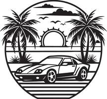 car on the beach with plam tree illustration black and white vector