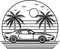 car on the beach with plam tree illustration black and white vector