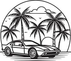 car on the beach with plam tree illustration black and white vector