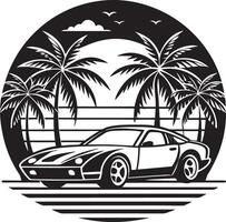 car on the beach with plam tree illustration black and white vector