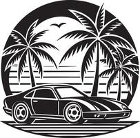 car on the beach with plam tree illustration black and white vector