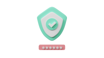 3d render Right mark with protect shield verified icon and passwords. 3d protection shield icon, checkmark on shield symbol, safety concept. illustration png