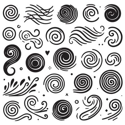 Hand-Drawn Swirls on Clean White Background, Variety of Shapes and Sizes