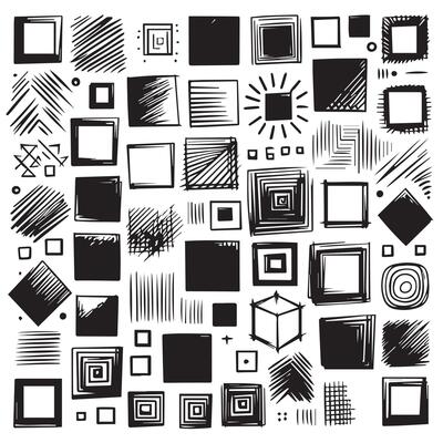 Sketchy Hand-Drawn Squares on Clean White Background, Variety of Shapes and Sizes