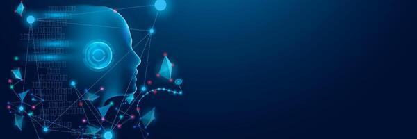 Artificial intelligence with machine learning. AI with a digital brain processes big data and analyzes information on blue background. vector
